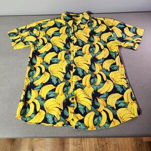 JOGAL Banana Print Button-Up Shirt – Men’s Medium
